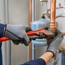 Hands tightening a copper pipe fitting with a wrench
